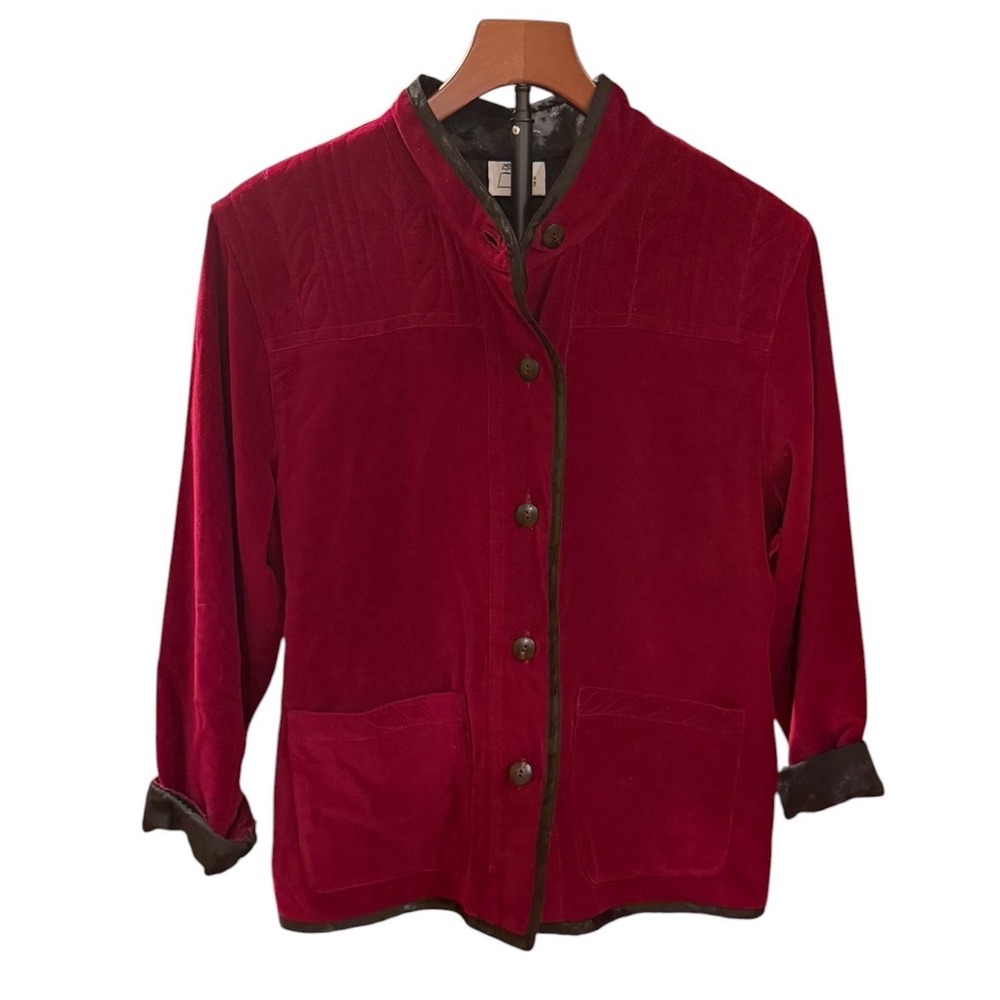 Tibetan Trader Womens Large Burgundy Red Quilted Velvet Mandarin Collar Jacket L